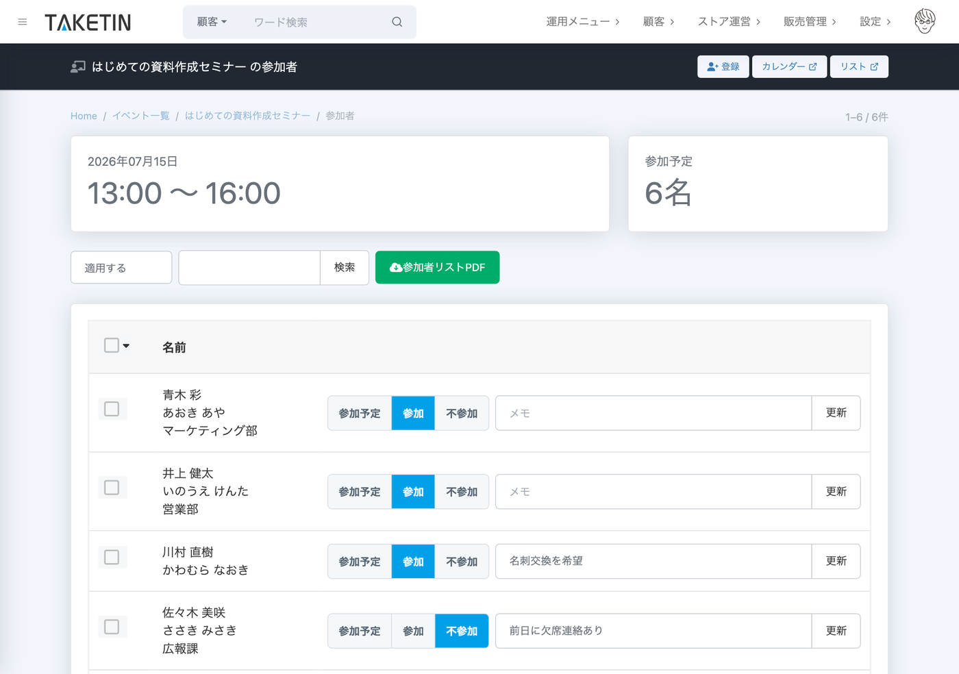 参加者一覧画面。日程ごとに参加者の名前・所属を表示し、参加予定／参加／不参加の出欠をメモ付きで記録できる。参加者リストをPDFで出力するボタンもある。