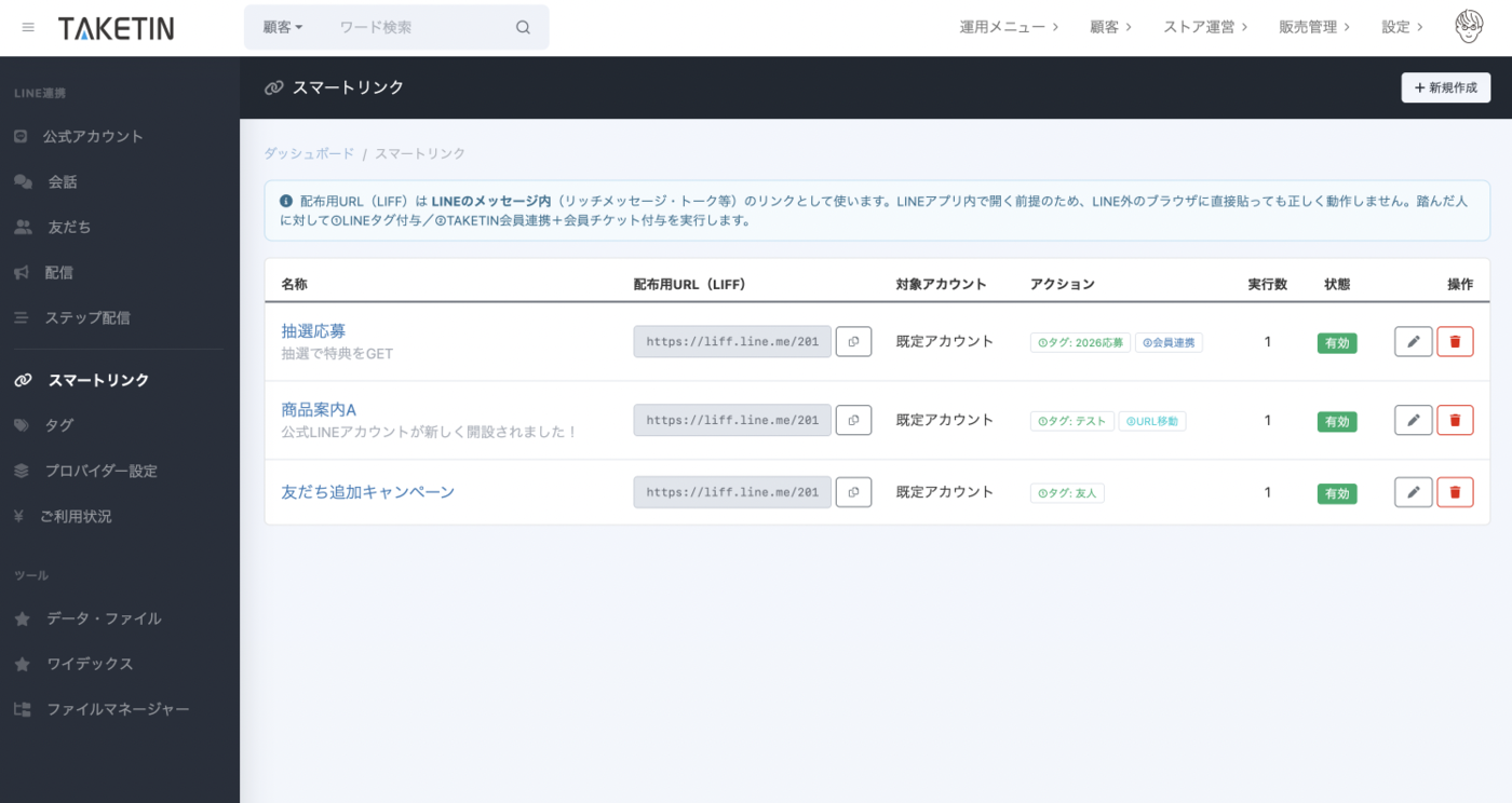 TAKETIN管理画面のスマートリンク一覧。配布用URL（LIFF）ごとに、付与するタグ・会員連携・誘導先アクションと実行数が設定・表示されている。