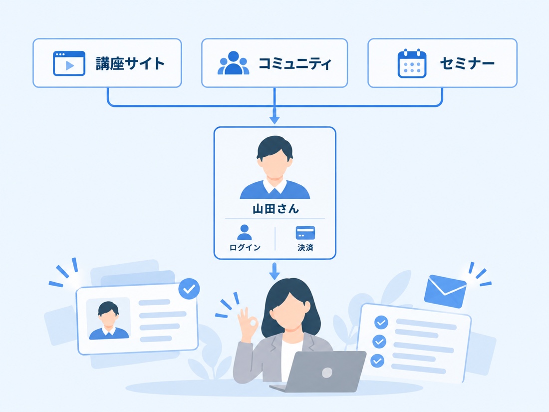 講座サイト・コミュニティ・セミナーが、ひとりの「山田さん」につながっていて、運営者が1か所で把握できている図