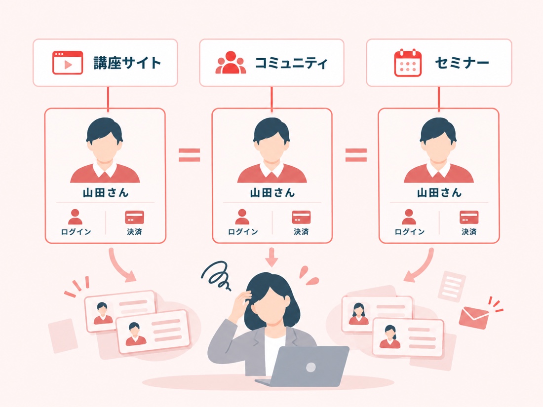 講座サイト・コミュニティ・セミナーのそれぞれに「山田さん」が別々に登録され、運営者が名簿の突き合わせに追われている図